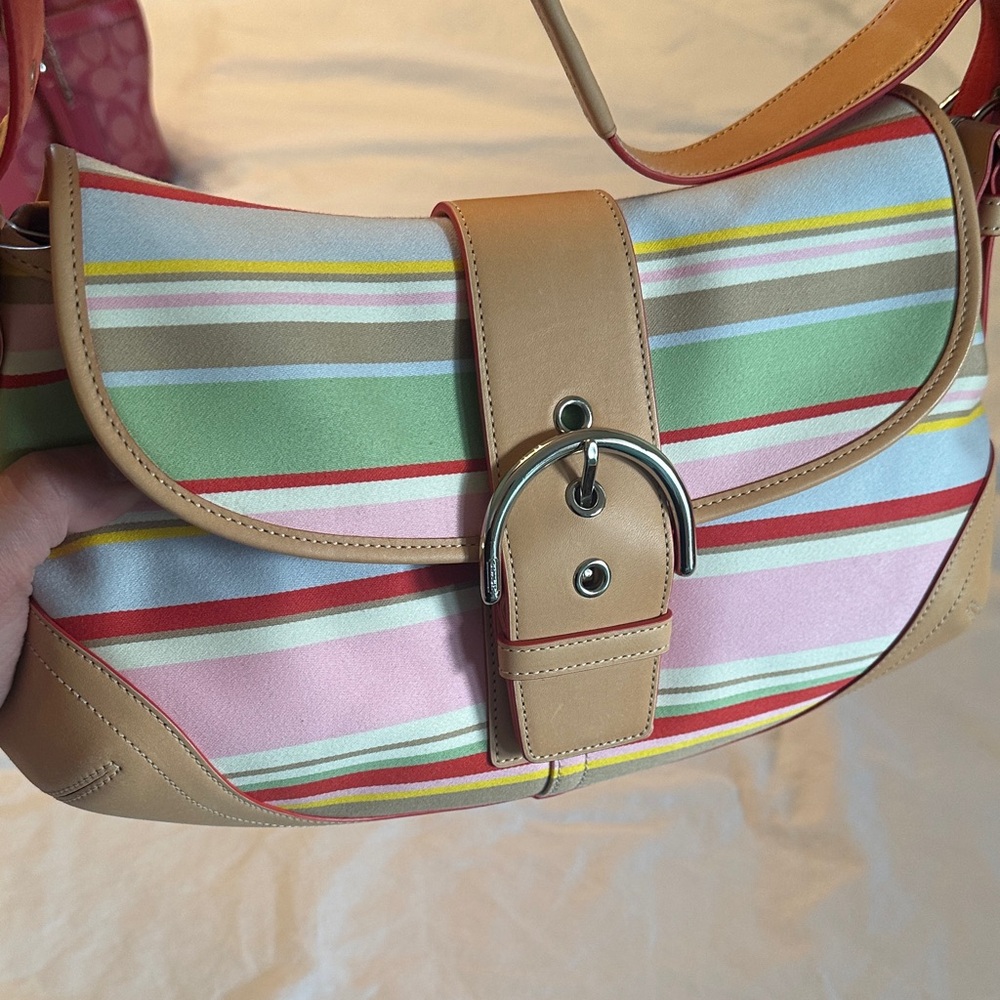 Coach Pastel Stripe Canvas Shoulder Bag with Coral Strap - Picture 4 of 4